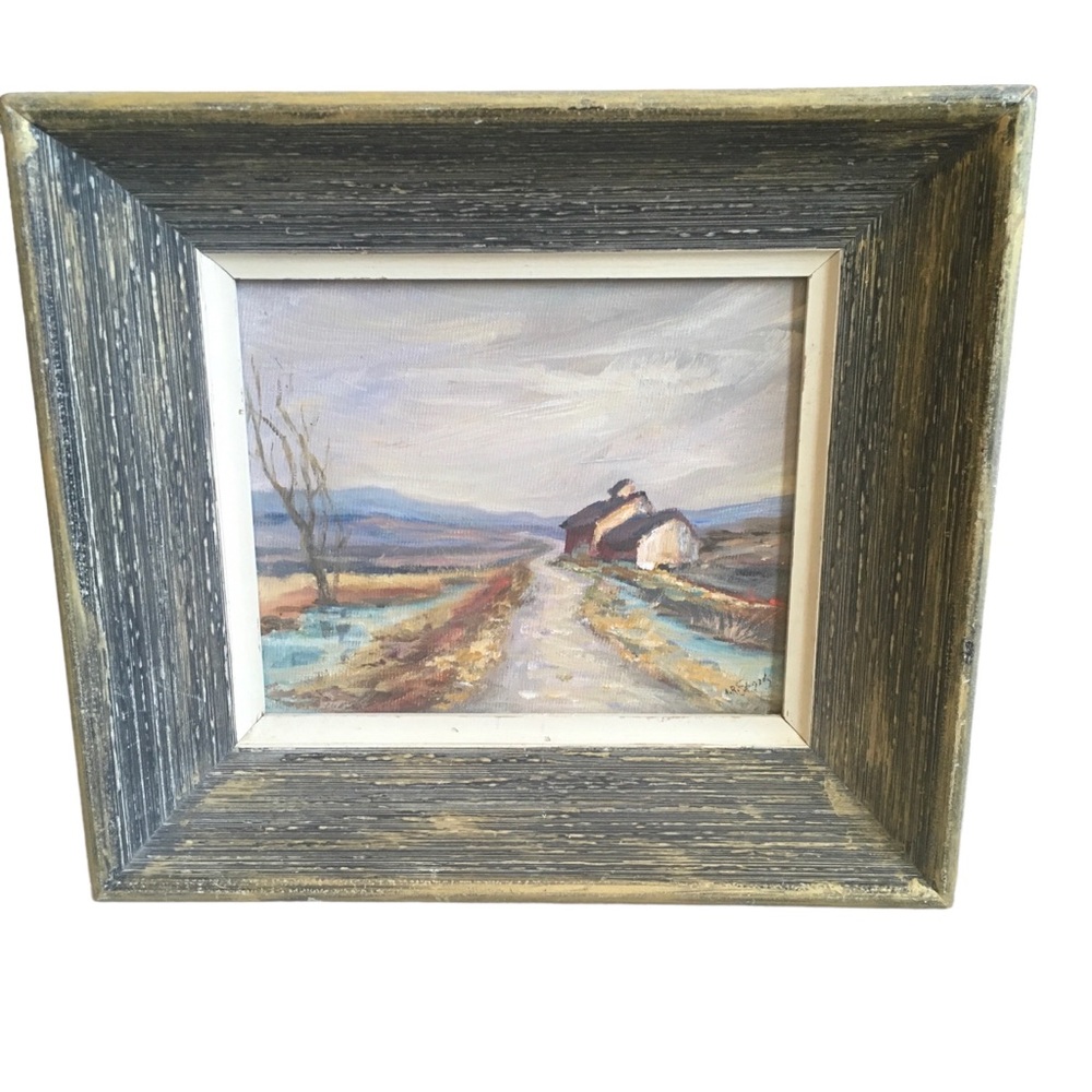 Vintage Oil Painting Barn In Cloudy Countryside Framed Signed 12” X 14”